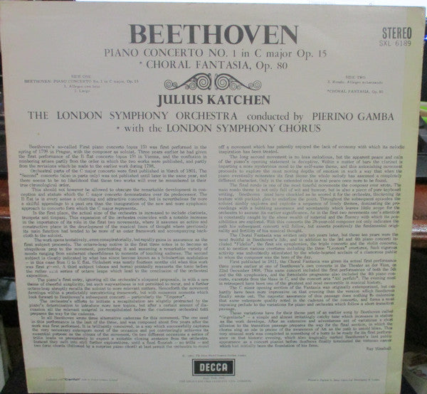 Beethoven*, Julius Katchen, London Symphony Orchestra, London Symphony Chorus, Pierino Gamba : Piano Concerto No. 1 / Choral Fantasy (LP, Album)