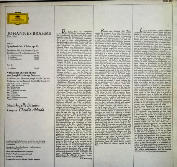 Johannes Brahms, Staatskapelle Dresden, Claudio Abbado : Symphonie Nr.3 / Haydn-Variationen (LP)