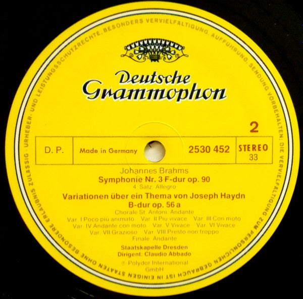 Johannes Brahms, Staatskapelle Dresden, Claudio Abbado : Symphonie Nr.3 / Haydn-Variationen (LP)