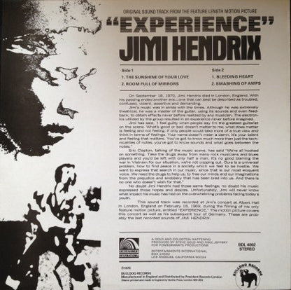 Jimi Hendrix : Original Sound Track From The Feature Length Motion Picture “Experience” (LP, Album, RE)