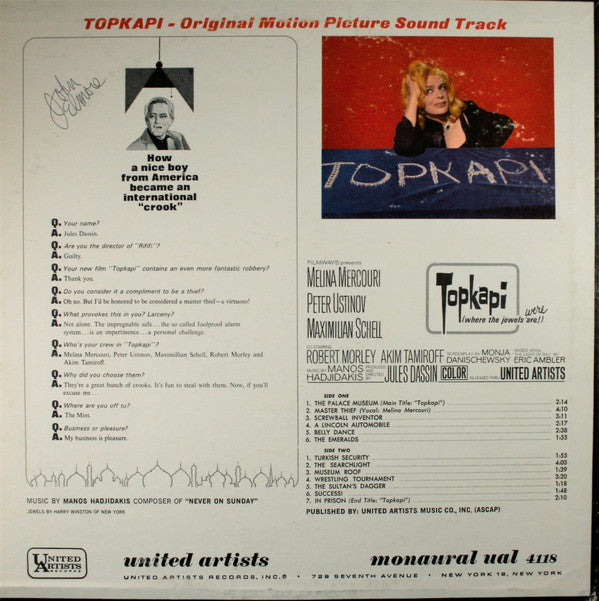 Manos Hadjidakis : Topkapi (Original Motion Picture Sound Track) (LP, Album, Mono)