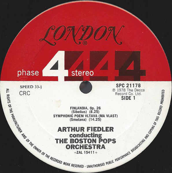 Bedřich Smetana / Jean Sibelius / Antonín Dvořák / Ralph Vaughan Williams / Charles Ives - Arthur Fiedler, Boston Pops Orchestra : The Moldau / Finlandia / Slavonic Dance, Op. 46, No. 1 / English Folk Song Suite / Variations On America (LP, Album)
