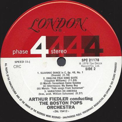 Bedřich Smetana / Jean Sibelius / Antonín Dvořák / Ralph Vaughan Williams / Charles Ives - Arthur Fiedler, Boston Pops Orchestra : The Moldau / Finlandia / Slavonic Dance, Op. 46, No. 1 / English Folk Song Suite / Variations On America (LP, Album)
