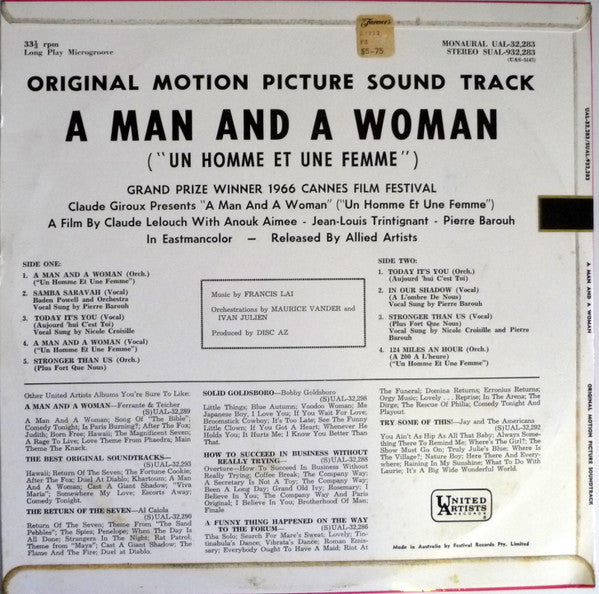 Francis Lai : A Man And A Woman "Un Homme Et Une Femme" (Original Motion Picture Soundtrack) (LP, Album, RE)