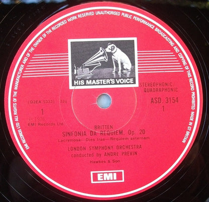 Benjamin Britten - London Symphony Orchestra, André Previn : Four Sea Interludes & Passacaglia From "Peter Grimes" / Sinfonia Da Requiem (LP, Quad)