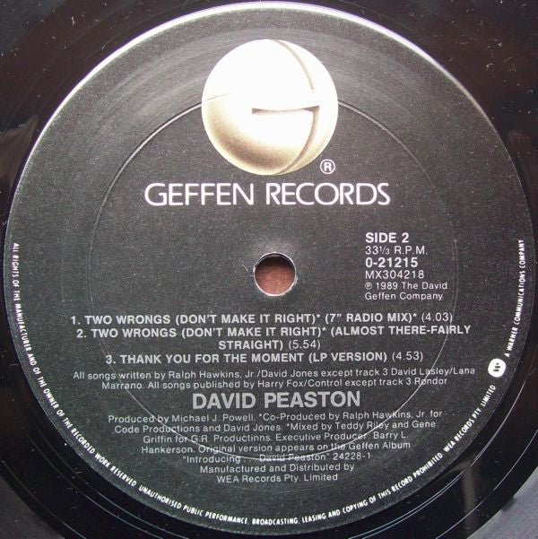 David Peaston : Two Wrongs (Don't Make It Right) (12", Single)