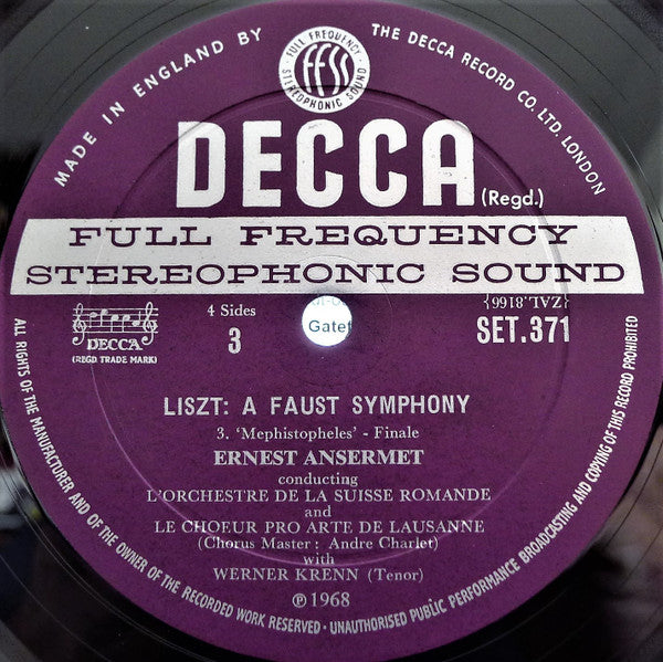 Liszt* - L'Orchestre De La Suisse Romande, Werner Krenn, Le Chœur Pro Arte De Lausanne*, Ansermet* : A Faust Symphony - Two Episodes From Lenau's Faust (2xLP + Box)