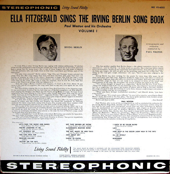 Ella Fitzgerald : Ella Fitzgerald Sings The Irving Berlin Song Book, Volume 1 (LP)