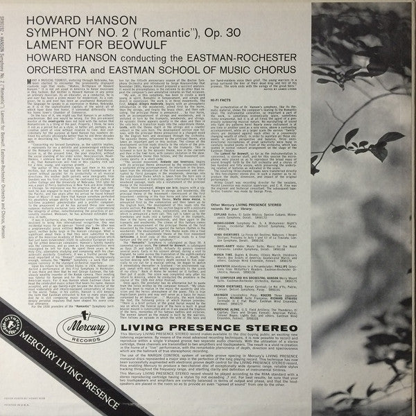 Howard Hanson, Eastman-Rochester Orchestra, Eastman School Of Music Chorus : Symphony No. 2, Op. 30 "Romantic" / The Lament For Beowulf (LP, Album)