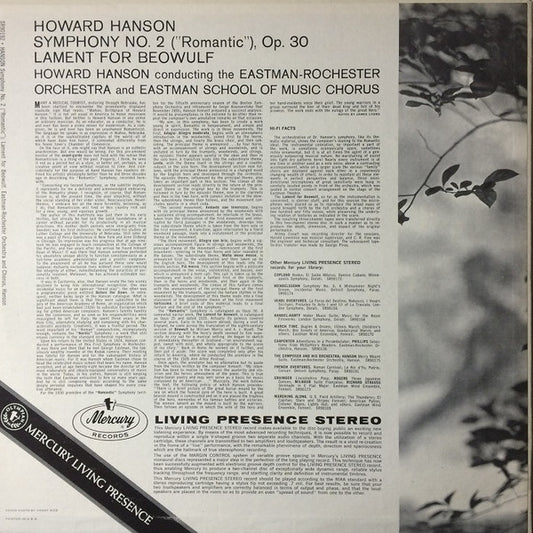 Howard Hanson, Eastman-Rochester Orchestra, Eastman School Of Music Chorus : Symphony No. 2, Op. 30 "Romantic" / The Lament For Beowulf (LP, Album)