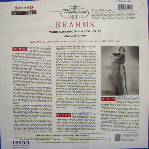 Johannes Brahms - Erica Morini, Philharmonic Symphony Of London, Artur Rodzinski : Concerto In D Major For Violin & Orchestra, Op. 77 (LP, RE, 180)