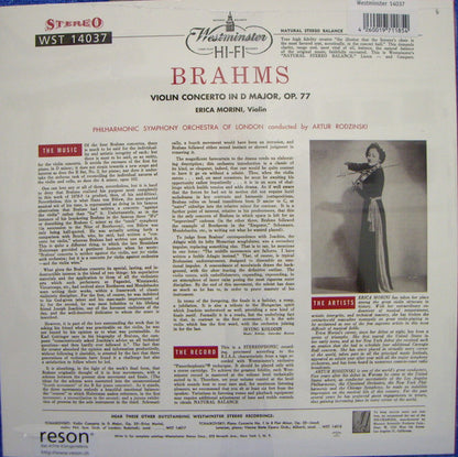 Johannes Brahms - Erica Morini, Philharmonic Symphony Of London, Artur Rodzinski : Concerto In D Major For Violin & Orchestra, Op. 77 (LP, RE, 180)