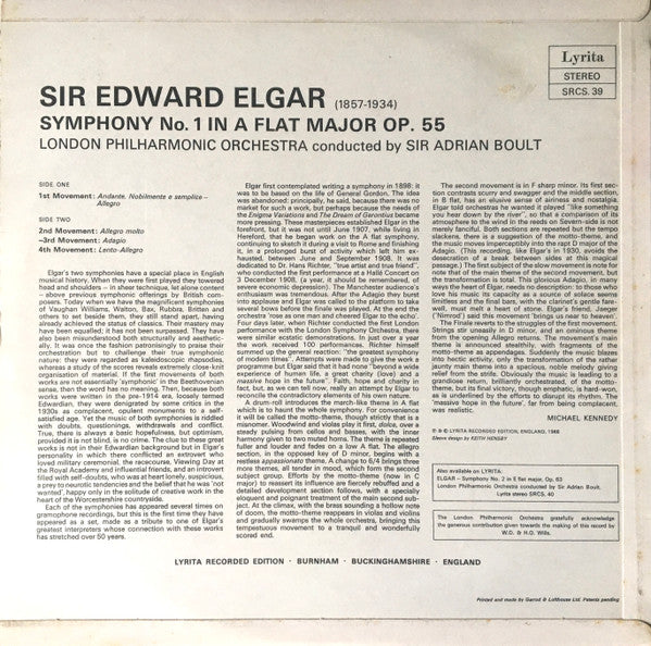Elgar* - Sir Adrian Boult, London Philharmonic Orchestra : Symphony No 1 In A Flat (LP)