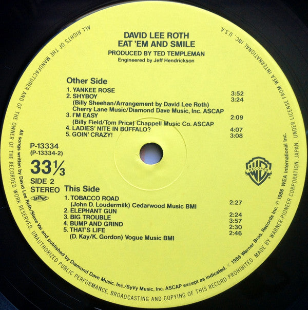 David Lee Roth = David Lee Roth : Eat 'Em And Smile = イート・エム・アンド・スマイル (LP, Album)