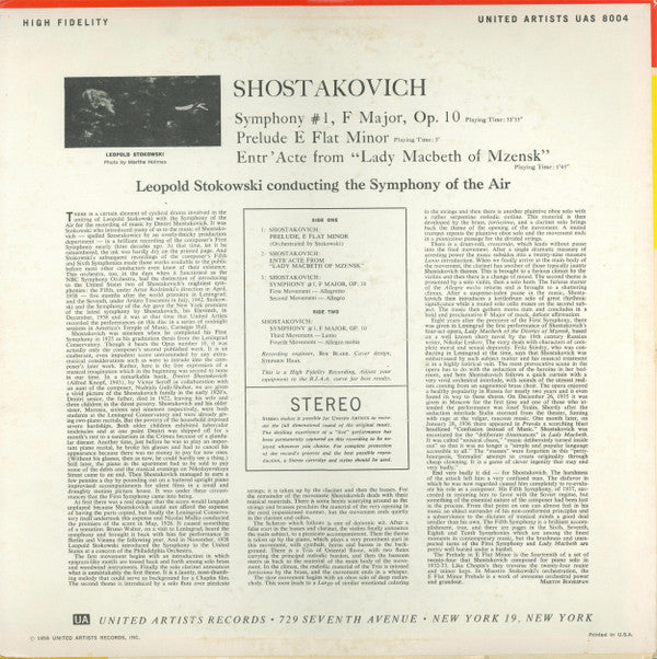 Shostakovich* - Stokowski*, Symphony Of The Air : Symphony No. 1 / Prelude, E Flat Minor / Entr'acte From Lady Macbeth (LP, Album, Pla)