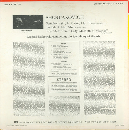 Shostakovich* - Stokowski*, Symphony Of The Air : Symphony No. 1 / Prelude, E Flat Minor / Entr'acte From Lady Macbeth (LP, Album, Pla)