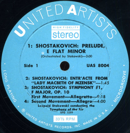 Shostakovich* - Stokowski*, Symphony Of The Air : Symphony No. 1 / Prelude, E Flat Minor / Entr'acte From Lady Macbeth (LP, Album, Pla)