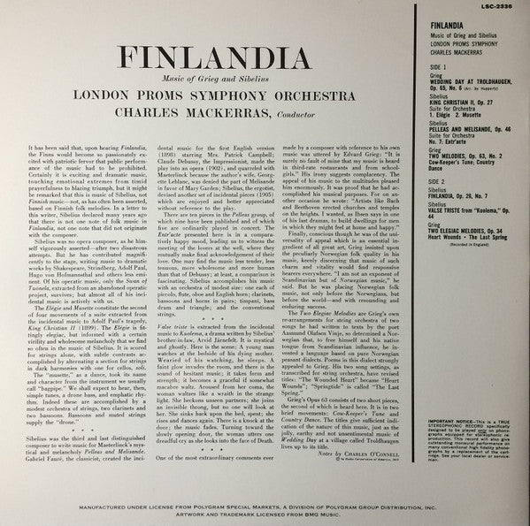 The London Proms Symphony Orchestra, Sir Charles Mackerras : Finlandia (Music Of Grieg And Sibelius) (LP, RE, RM, 180)