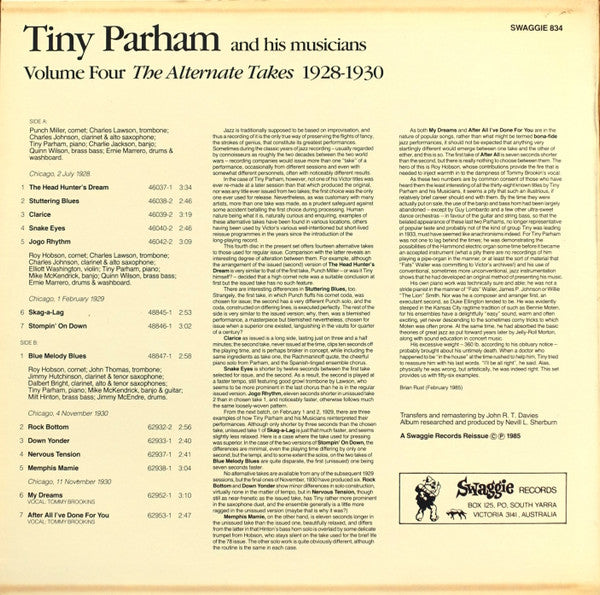 Tiny Parham And His Musicians : Volume Four - The Alternate Takes 1928-1930 (LP, Album, Comp, Mono)