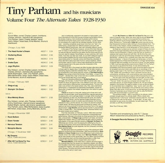 Tiny Parham And His Musicians : Volume Four - The Alternate Takes 1928-1930 (LP, Album, Comp, Mono)