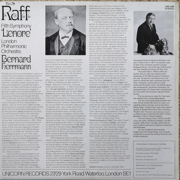 Joseph Joachim Raff / London Philharmonic Orchestra / Bernard Herrmann : Fifth Symphony "Lenore" (LP)