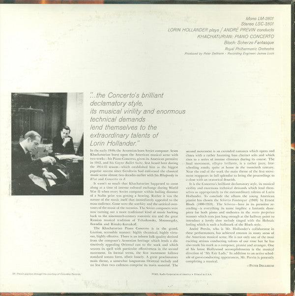 Aram Khatchaturian, Ernest Bloch - Lorin Hollander | André Previn, Royal Philharmonic Orchestra : Piano Concerto / Scherzo Fantasque (LP, Album, RE)