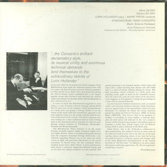 Aram Khatchaturian, Ernest Bloch - Lorin Hollander | André Previn, Royal Philharmonic Orchestra : Piano Concerto / Scherzo Fantasque (LP, Album, RE)