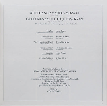 Wolfgang Amadeus Mozart - Sir Colin Davis, Janet Baker, Yvonne Minton, Stuart Burrows, Frederica von Stade, Lucia Popp, Robert Lloyd (4), Orchestra Of The Royal Opera House, Covent Garden And Chorus Of The Royal Opera House, Covent Garden : La Clemenza Di Tito (3xLP + Box)
