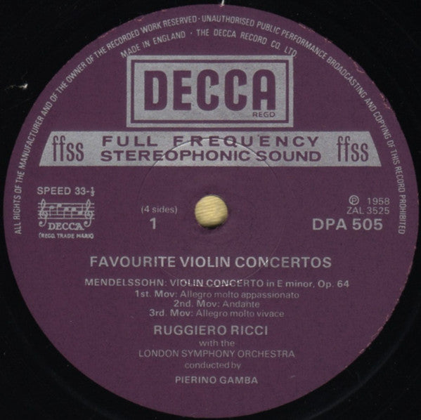 Felix Mendelssohn-Bartholdy / Max Bruch / Pyotr Ilyich Tchaikovsky / Jean Sibelius, Ruggiero Ricci : Favourite Violin Concertos (2xLP, Comp)