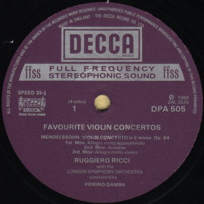 Felix Mendelssohn-Bartholdy / Max Bruch / Pyotr Ilyich Tchaikovsky / Jean Sibelius, Ruggiero Ricci : Favourite Violin Concertos (2xLP, Comp)