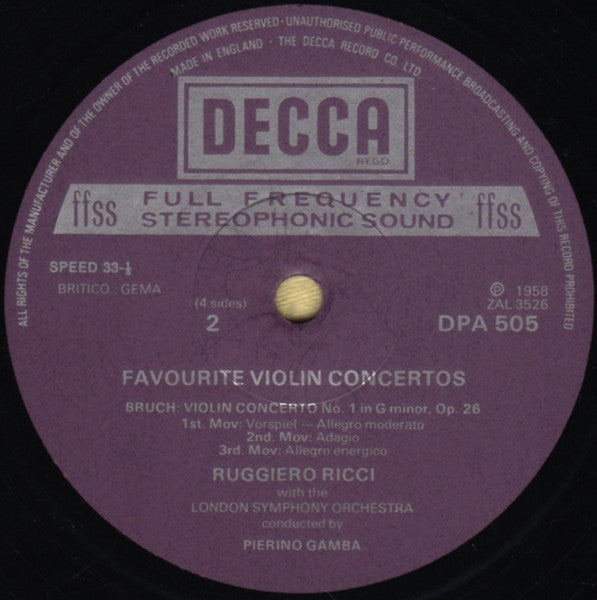 Felix Mendelssohn-Bartholdy / Max Bruch / Pyotr Ilyich Tchaikovsky / Jean Sibelius, Ruggiero Ricci : Favourite Violin Concertos (2xLP, Comp)