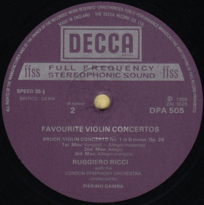 Felix Mendelssohn-Bartholdy / Max Bruch / Pyotr Ilyich Tchaikovsky / Jean Sibelius, Ruggiero Ricci : Favourite Violin Concertos (2xLP, Comp)