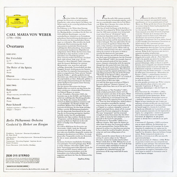Carl Maria von Weber, Berliner Philharmoniker ∙ Herbert von Karajan : Overtures (LP)