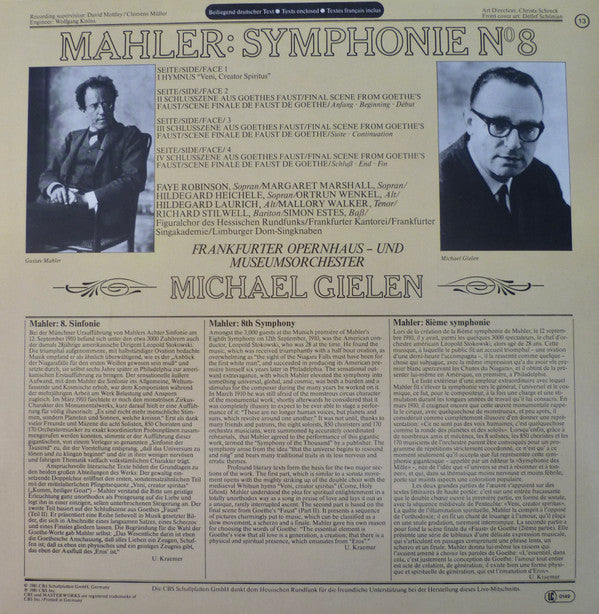 Gustav Mahler, Faye Robinson, Margaret Marshall, Hildegard Heichele, Ortrun Wenkel, Hildegard Laurich, Mallory Walker, Richard Stilwell, Simon Estes, Frankfurter Opern- Und Museumsorchester, Michael Gielen : Symphonie N° 8 (2xLP)