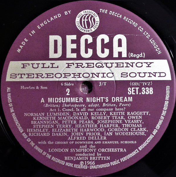 Benjamin Britten - Alfred Deller • Elizabeth Harwood • Peter Pears • Thomas Hemsley • Josephine Veasey • Heather Harper • Stephen Terry • John Shirley-Quirk • Helen Watts • Owen Brannigan • Norman Lumsden • Kenneth MacDonald • David Kelly (7) • Robert Tea : A Midsummer Night's Dream (3xLP, Album + Box)