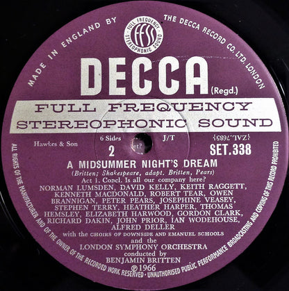 Benjamin Britten - Alfred Deller • Elizabeth Harwood • Peter Pears • Thomas Hemsley • Josephine Veasey • Heather Harper • Stephen Terry • John Shirley-Quirk • Helen Watts • Owen Brannigan • Norman Lumsden • Kenneth MacDonald • David Kelly (7) • Robert Tea : A Midsummer Night's Dream (3xLP, Album + Box)