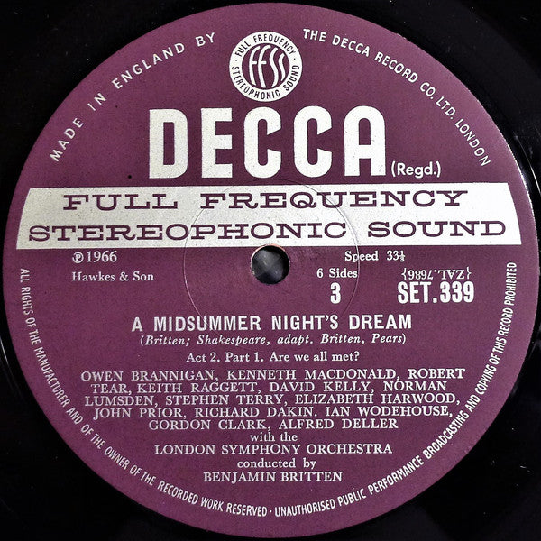Benjamin Britten - Alfred Deller • Elizabeth Harwood • Peter Pears • Thomas Hemsley • Josephine Veasey • Heather Harper • Stephen Terry • John Shirley-Quirk • Helen Watts • Owen Brannigan • Norman Lumsden • Kenneth MacDonald • David Kelly (7) • Robert Tea : A Midsummer Night's Dream (3xLP, Album + Box)