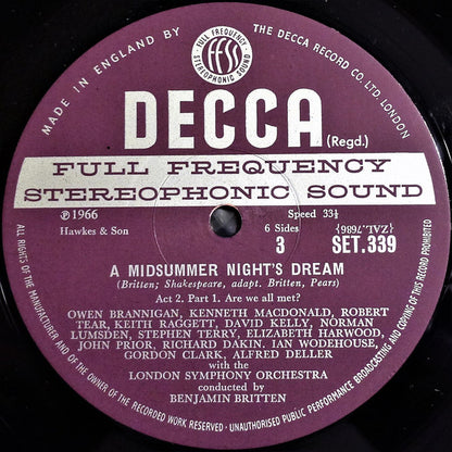 Benjamin Britten - Alfred Deller • Elizabeth Harwood • Peter Pears • Thomas Hemsley • Josephine Veasey • Heather Harper • Stephen Terry • John Shirley-Quirk • Helen Watts • Owen Brannigan • Norman Lumsden • Kenneth MacDonald • David Kelly (7) • Robert Tea : A Midsummer Night's Dream (3xLP, Album + Box)