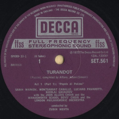 Giacomo Puccini - Joan Sutherland, Luciano Pavarotti, Montserrat Caballé, Nicolai Ghiaurov, Tom Krause With Peter Pears, John Alldis Choir, London Philharmonic Orchestra, Zubin Mehta : Turandot (3xLP, Album + Box)