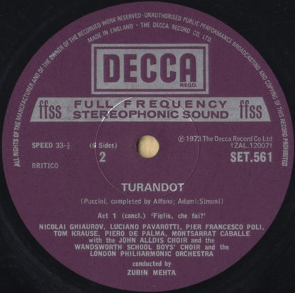 Giacomo Puccini - Joan Sutherland, Luciano Pavarotti, Montserrat Caballé, Nicolai Ghiaurov, Tom Krause With Peter Pears, John Alldis Choir, London Philharmonic Orchestra, Zubin Mehta : Turandot (3xLP, Album + Box)
