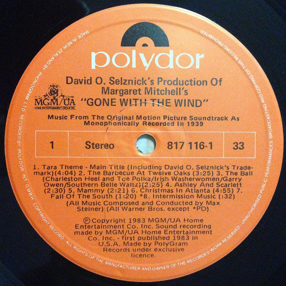 Max Steiner : Gone With The Wind (Music From The Original Motion Picture Soundtrack As Monophonically Recorded In 1939) (LP, Album, RM)