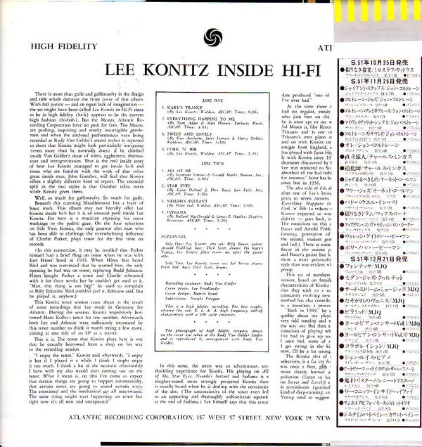 Lee Konitz : Inside Hi-Fi (LP, Album, Mono, RE)