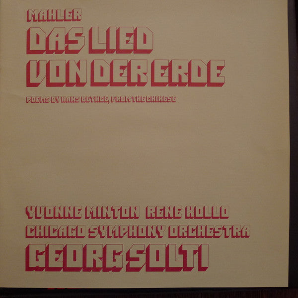 Mahler*, Yvonne Minton, René Kollo, Chicago Symphony Orchestra, Georg Solti : Das Lied Von Der Erde   (LP)