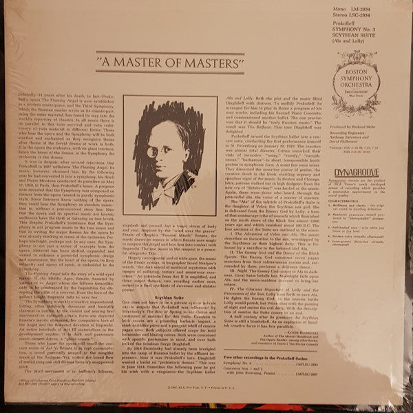 Sergei Prokofiev - Boston Symphony Orchestra / Erich Leinsdorf : Symphony No. 3 / Scythian Suite (Ala And Lolly) (LP, Album)