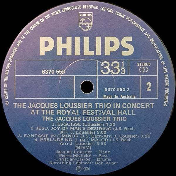 Jacques Loussier Trio : In Concert At The Royal Festival Hall (LP, Album)