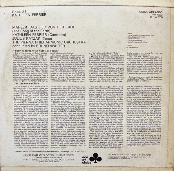Mahler* - Kathleen Ferrier, Julius Patzak, Vienna Philharmonic*, Bruno Walter : Das Lied Von Der Erde (The Song Of The Earth) (LP, Mono)