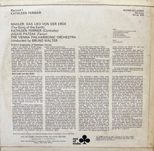 Mahler* - Kathleen Ferrier, Julius Patzak, Vienna Philharmonic*, Bruno Walter : Das Lied Von Der Erde (The Song Of The Earth) (LP, Mono)