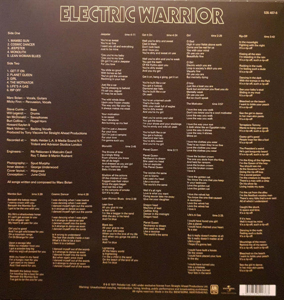 T. Rex : Electric Warrior (LP, Album, RE, 180)
