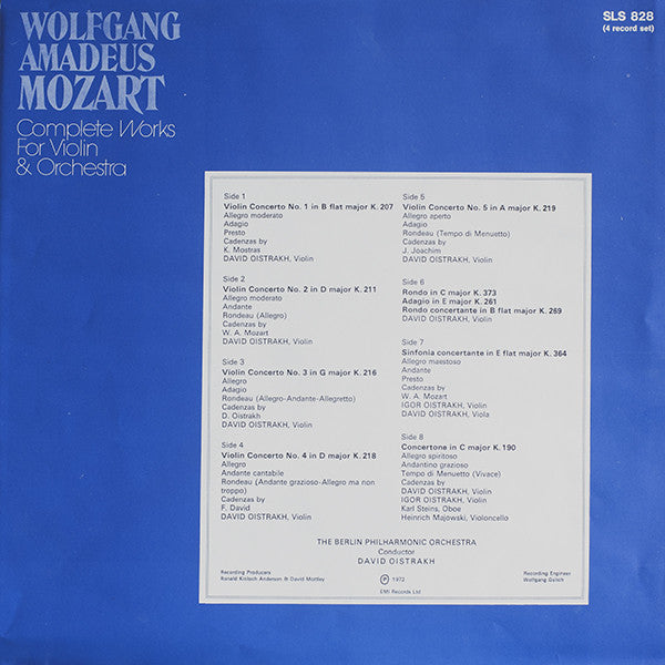David Oistrach, Wolfgang Amadeus Mozart, Berliner Philharmoniker : Mozart Violin Concertos 1-5 (4xLP + Box, RE)