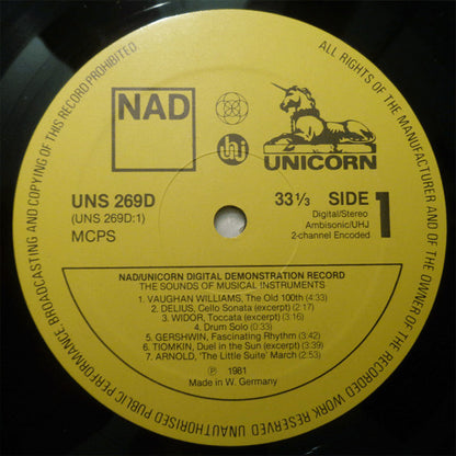 Various : Sounds Of Musical Instruments - NAD / Unicorn Digital Demonstration Record (LP, Comp)